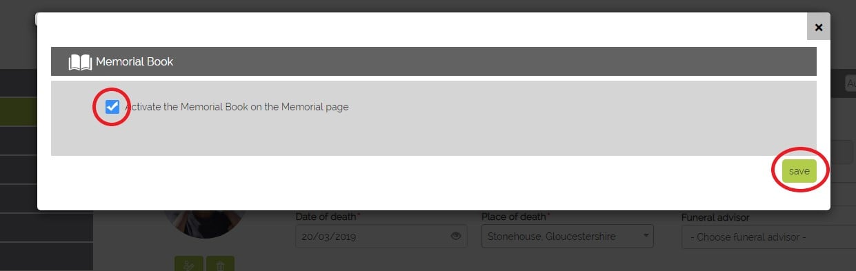 Activate memorial book+save